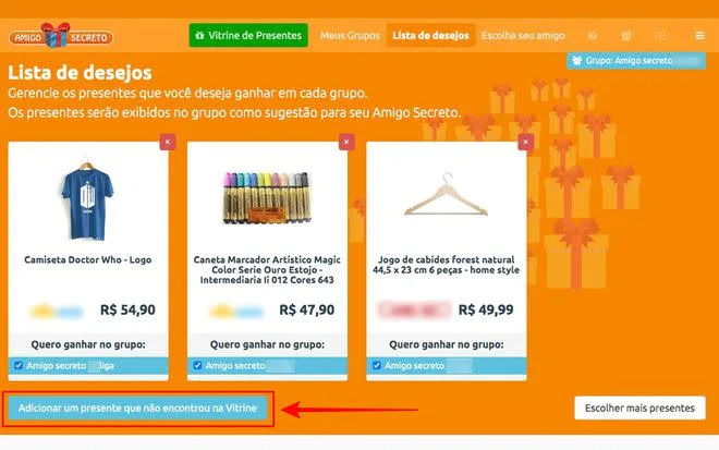 Clique nesse botão caso não encontre um item que deseja adicionar como sugestão de presente (Captura de tela: André Magalhães)